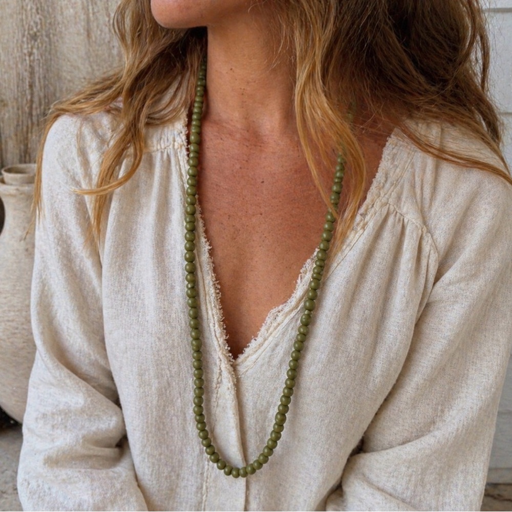 Vintage Olive Wood Bead Necklace 44” Long Strand Boho Coastal